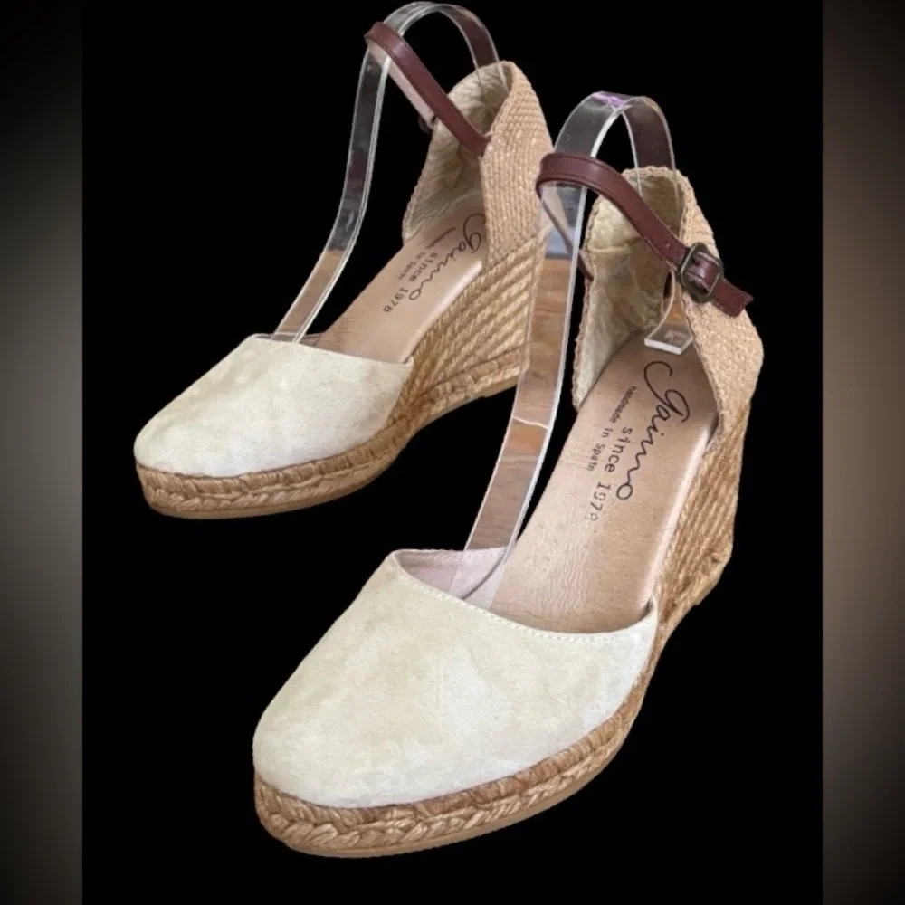 Giamo Anthro beige suede 3” wedge heel espadrilles w brwn lthr strp SZ 8 coastal